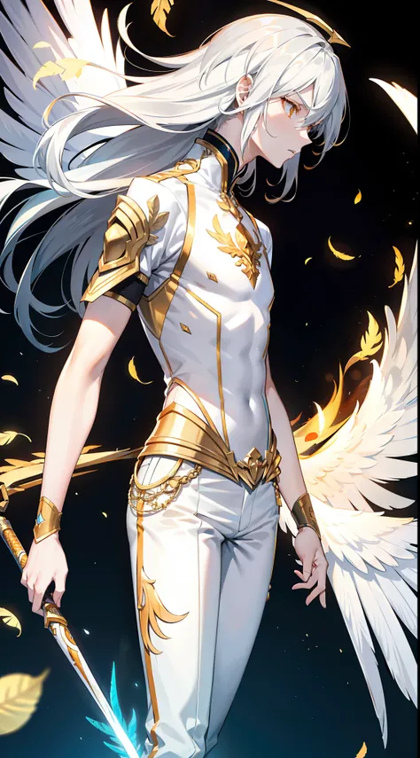 Tall guy, Long silver hair, Orange Eyes, white tight top, Blue Pants, Gold Elements, feathers, one wing, anger, 4k, HD, Good detail