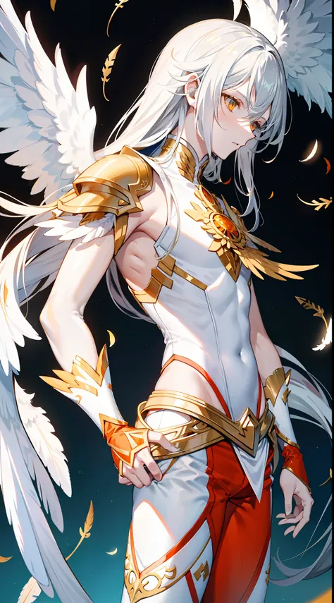 Tall guy, Long silver hair, Orange Eyes, white tight top, Blue Pants, Gold Elements, feathers, one wing, anger, 4k, HD, Good detail