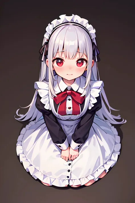 8K picture quality，silber hair,Red-eyed girl,cute little ,Long hair,Heartwarming,a miniskirt,Lolita,A smile,Thumbnail styles，maid clothes，fluffly，Looking down from above,full body Esbian,heartbackground,Embarrassed expression