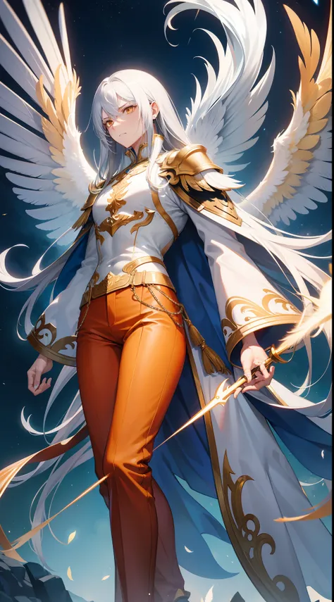 Tall guy, Long silver hair, Orange Eyes, white tight top, Blue Pants, Gold Elements, feathers, one wing, anger, 4k, HD, Good detail