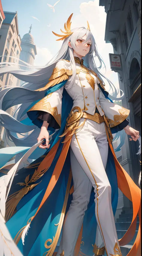 Tall guy, Long silver hair, Orange Eyes, white tight top, Blue Pants, Gold Elements, feathers, one wing, anger, 4k, HD, Good detail