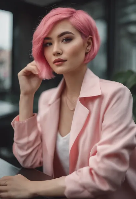 there is an asian woman sitting at a desk , cute girl with short pink hair, with pink hair, modern portrait shot 8 k, pink short hair, luts, short pink hair, flowing pink hair, jovana rikalo , kawaii realistic portrait, portrait aleksandra waliszewska, pho...