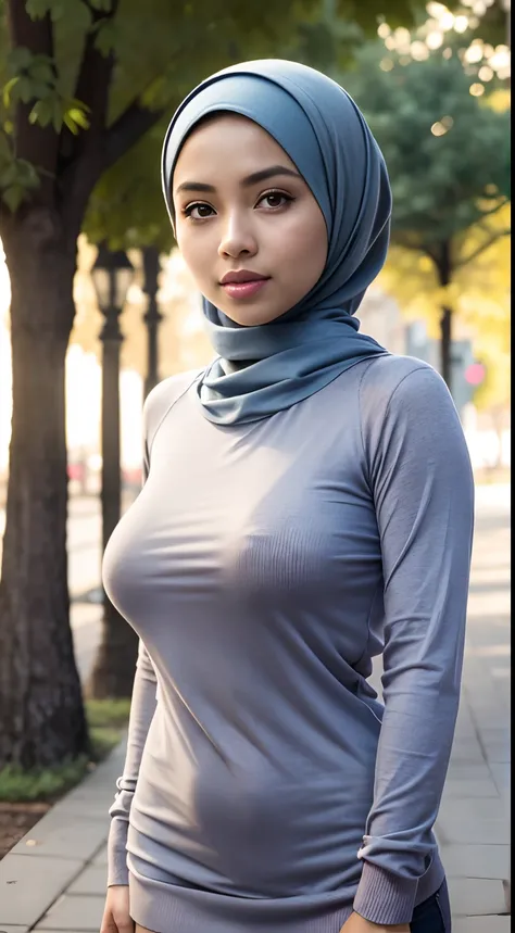 RAW, Best quality, high resolution, Masterpiece: 1.3), Beautiful Malay woman in hijab, Masterpiece, Perfect slim body, (Big breasts), Beautiful big eyes, Soft smile, Wearing a long, fine knit turtleneck t-shirt,Hair tie, morning walk, City park, Good light...