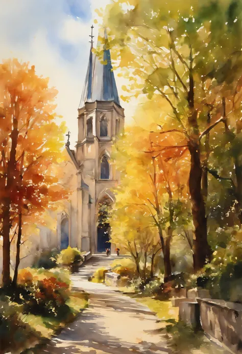 watercolor paiting、cathedral、The tree々、Bright sun