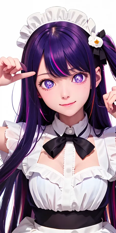 best quality, masterpiece, highres, solo, {maid:1.40}, {long maid dress:1.15}, {hoshino_ai_oshinoko:1.15}, long_hair, purple_eyes, purple_hair, bangs, smile, symbol-shaped_pupils, multicolored_hair, star-shaped_pupils