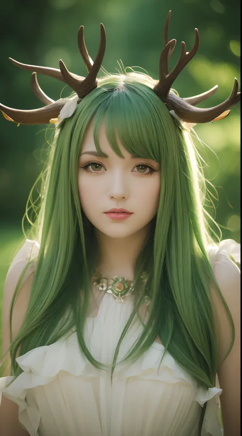 High-quality graphics,tmasterpiece,Bokeh,Green-haired beauty,Yellow vertical pupils,deer antlers,Maid decoration,Soft lighting,stooped,Playful,Sharp focus,Ultra-detailed,Portrait,landscape,Vivid colors,Soft lighting