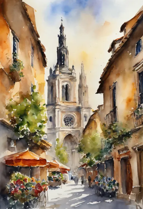 watercolor paiting、The majestic cathedrals of Europe、Bright sun