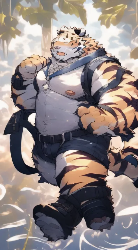 the white tiger，large pecs，Furry Tiger，musculature，barechested，Abs，Big bag