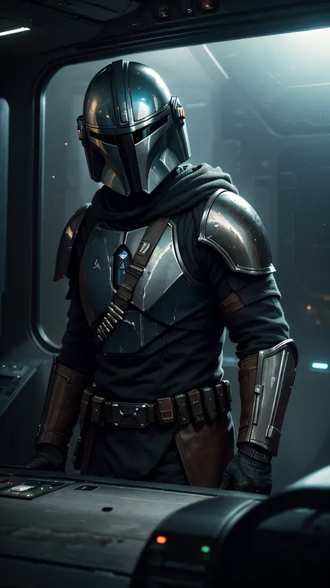 (((no human))),RAW photo, cinematic masterpiece, majestic epic composition, dvd screenshot of 2022 george lucas movie The Mandalorian, DVD screengrab, 2022s cinema, (movie scene, Mandalorian in the glass cockpit of a spaceship, behind the controls/), full ...