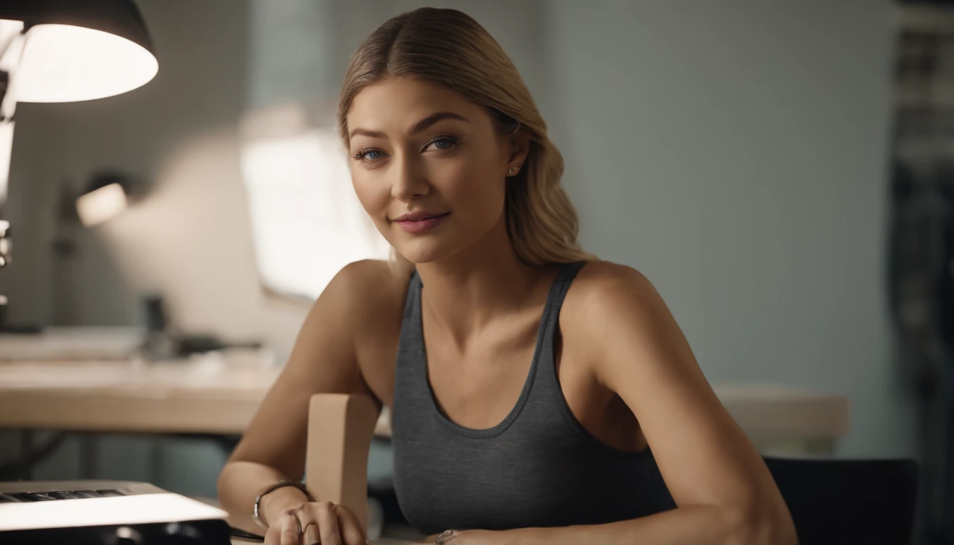 portrait of a woman sitting at a desk with a computer and a keyboard, looking at camera , portrait of Gigi Hadid, , tattooed , as a youtuber, looking at viewer ,smiling, modern portrait shot 8k, lens light, portrait of Gigi Hadid, Gigi Hadid cute, cinemati...