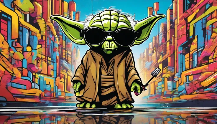 yoda with sunglasses, graffiti art