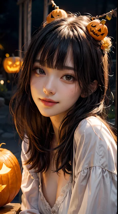 (​masterpiece、top-quality、top-quality、Beautifully Aesthetic:1.2)、(((Girl in cute glowing jack lantern head)))、((I cant see the girls face))、halloween night、ighly detailed、colourfull、highestdetailed, black short hair with bangs, black short hair with bangs,...