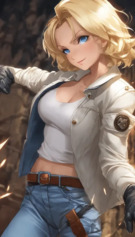 (((1 girl,  cute, denim jacket, white top, jeans, Gloves, blond, short hair, bob hair,  side parted hair, blue eyes))), (((blond hair))), 
dynamic poses, manga style, depicting a group of characters in various action scenes, from intense battles to lighthe...