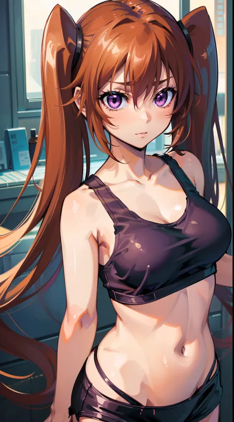 (best quality, master-piece:1.2), long brown hair, purple eyes, (ultra-detailed eyes), twintails, beautiful, Shidou Irina, medium breasts, standing, (((upper body))), (indoors), bdsm, dominant, evil, (((tank top))), ((close-up)), perfect anatomy, (sleevele...