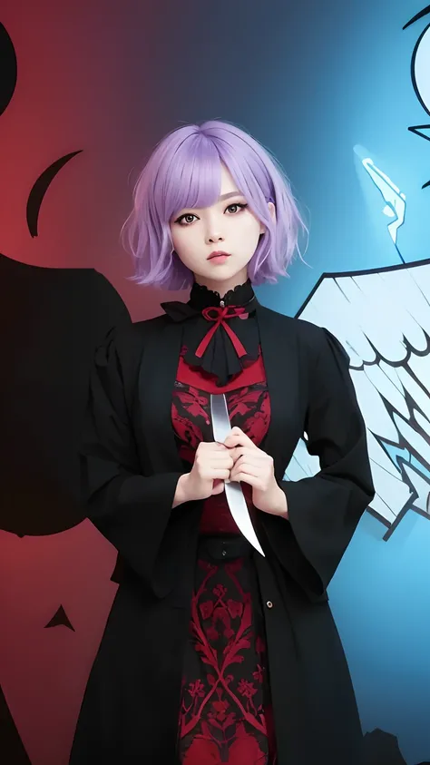 1girl, short hair, take knife, purple hair, dress black and red, black eyes, realistic, ultra detail, 70mn lens