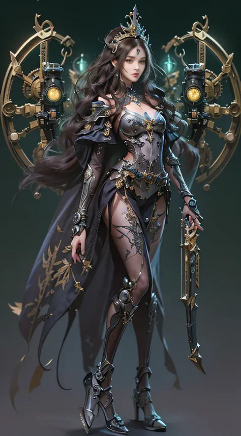 (((Masterpiece, top quality, super detailed))), (((One endless mage girl, 14 years old, radiating magic))), (((complex mechanical headgear, complex mechanical steampunk fashion and overdecorated gothic fashion and neon glitter cyberpunk fashion fusion of))...