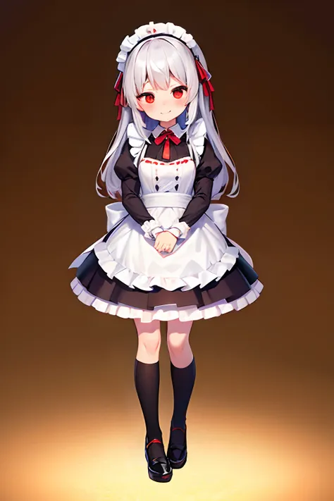 8K picture quality，silber hair,Red-eyed girl,cute little ,Long hair,Heartwarming,a miniskirt,Lolita,A smile,Thumbnail styles，maid clothes，fluffly，full body Esbian,Embarrassed expression