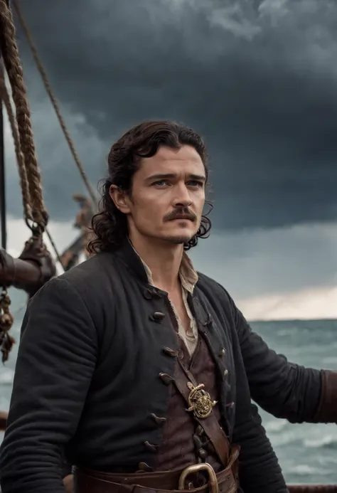 Orlando Bloom，Stand at the bow of the pirate ship，Wielding a giant sword，Painful expression，In the square，dark stormy clouds