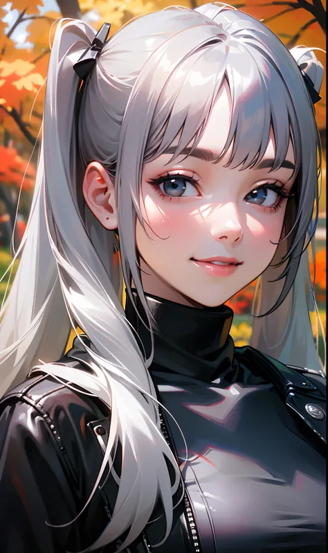 high-quality, 4k, ultra-detailed, realistic, portraits, silver straight long hair, gray eyes, twin tails, huge breasts, black leather jacket, black turtleneck shirt, black miniskirt, black pantyhose, meeting in front of autumn trees on the street, smiling,...