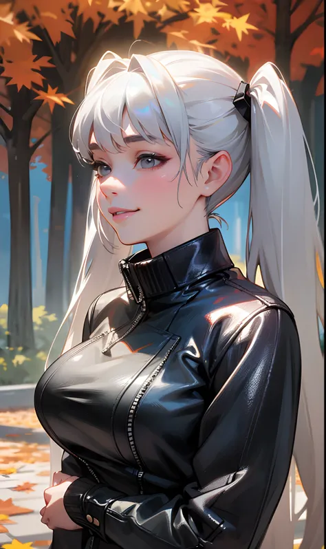 high-quality, 4k, ultra-detailed, realistic, portraits, silver straight long hair, gray eyes, twin tails, huge breasts, black leather jacket, black turtleneck shirt, black miniskirt, black pantyhose, meeting in front of autumn trees on the street, smiling,...