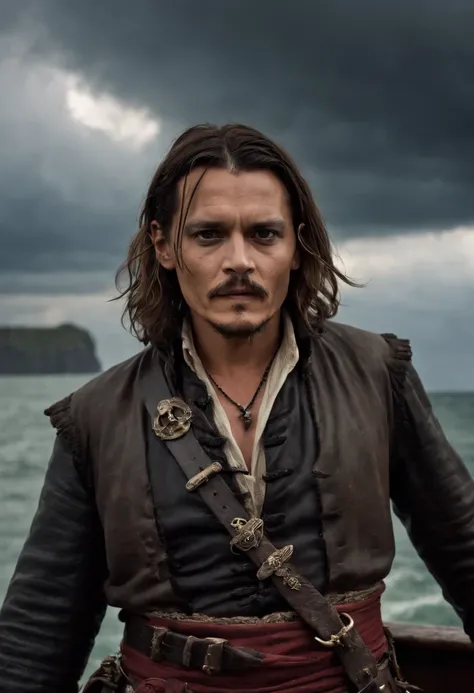 Johnny Depp，Stand at the bow of the pirate ship，Wielding a giant sword，Painful expression，Heavy makeup，dark stormy clouds