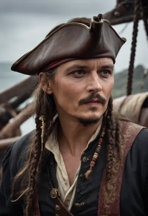 Johnny Depp，Wrap your headscarf，Comb a lot of small braids，Heavy makeup，Stand at the bow of the pirate ship，With a Mauser musket，Funny expressions，dark stormy clouds