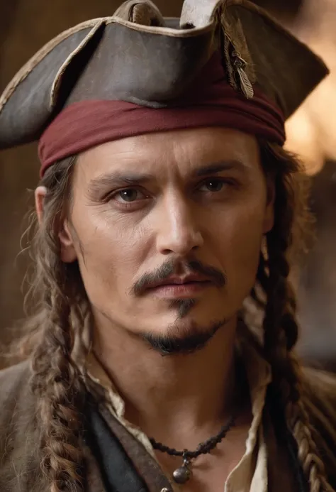 Johnny Depp，Wrap your headscarf，Comb a lot of small braids，Heavy makeup，Stand at the bow of the pirate ship，With a Mauser musket，Funny expressions，dark stormy clouds