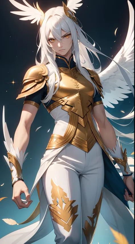 Tall guy, Long silver hair, Orange Eyes, white tight top, Blue Pants, Gold Elements, feathers, one wing, anger, 4k, HD, Good detail