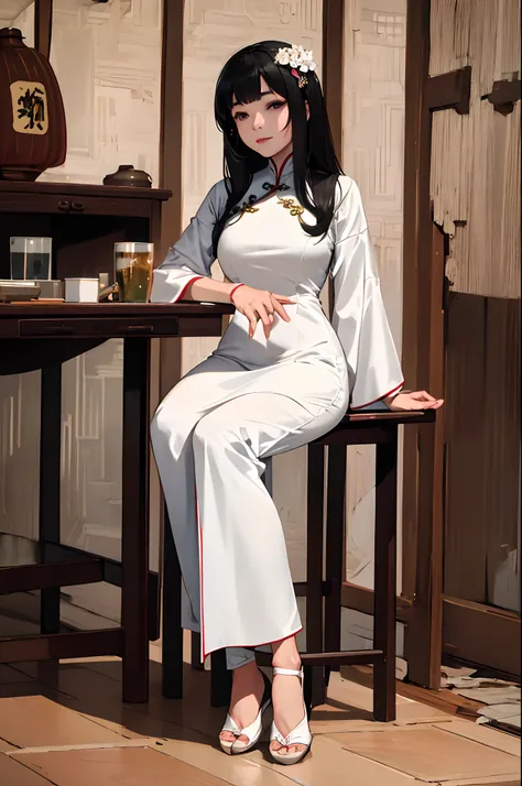 (masterpiece, best quality), 1girll, beautiful face,   inside in room, black hair, white cheongsam,