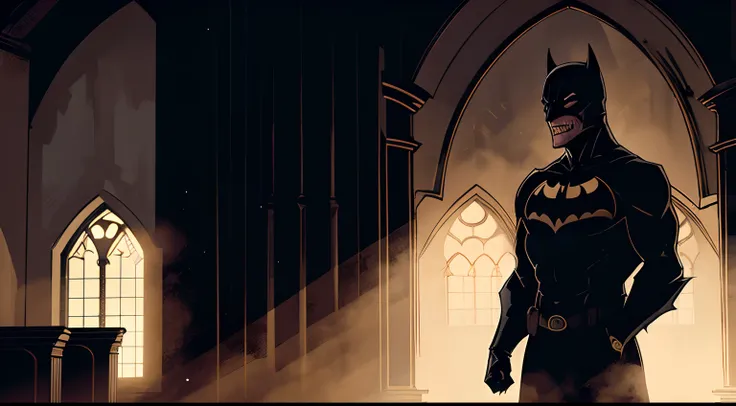 currupt batman, standing, dark shadowy figure, creepy laugh, scary, inside gotham church, night time