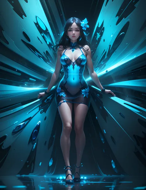 a full dynamic body shot, of a beautiful blue glass woman, and small and medium flowers made of blue glass, a greasy black background, 24k resolution