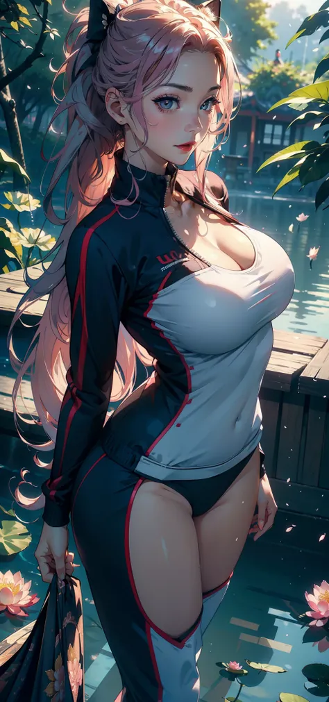 1female，35yo，A MILF，熟妇，Married Woman，plumw，extremely large bosom， 独奏，（Background with：lakes，Cherry blossom forest，lotus flower）Lie underwater， She has long pink hair，standing on your feet，seen from the front，， mostly cloudy sky，（（（tmasterpiece），（Very detai...