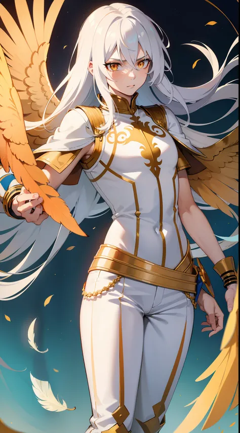 Tall guy, Long silver hair, Orange Eyes, white tight top, Blue Pants, Gold Elements, feathers, one wing, anger, 4k, HD, Good detail