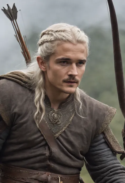 Orlando Bloom，elf prince，The long silver hair is very smooth，Standing on the corpse of a dead giant elephant，holding a bow and arrow，The expression is calm，at the battlefield，dark stormy clouds