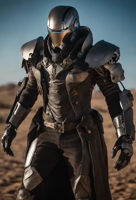 Visualize a male android, a striking fusion of human-like form and advanced machinery, standing in a post-apocalyptic wasteland. His sleek metallic body is both rugged and refined, reminiscent of iconic android characters from popular concept art. The andr...