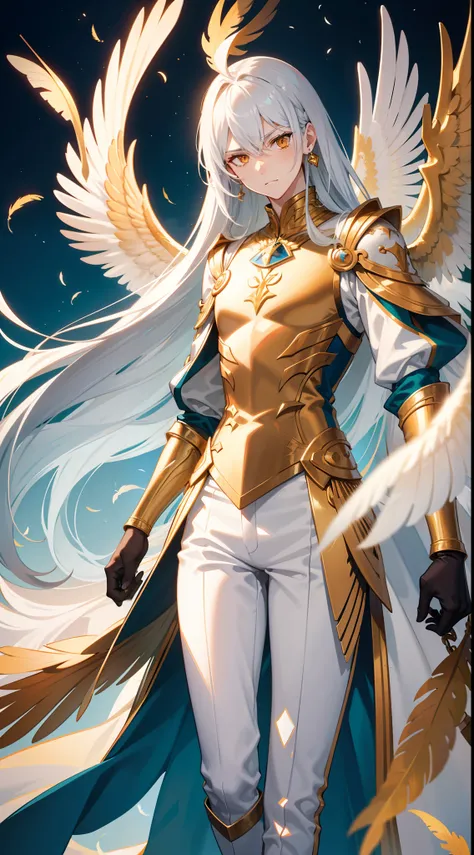 Tall guy, Long silver hair, Orange Eyes, white tight top, Blue Pants, Gold Elements, feathers, one wing, anger, 4k, HD, Good detail