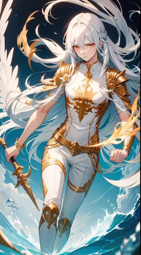 Tall guy, Long silver hair, Orange Eyes, white tight top, Blue Pants, Gold Elements, feathers, one wing, anger, 4k, HD, Good detail