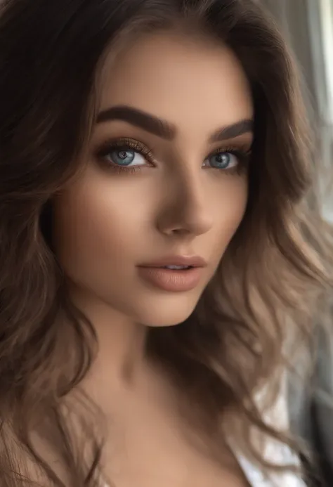 Arafed woman completely , fille sexy aux yeux bruns, ultra realist, Meticulously detailed, Portrait Sophie Mudd, cheveux bruns et grands yeux, selfie of a young woman, Dubai Eyes, Violet Myers, sans maquillage, maquillage naturel, looking straight at camer...