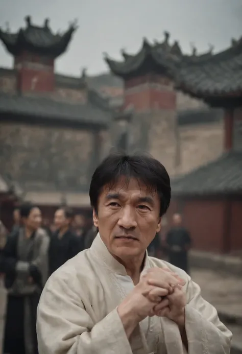 Jackie chan，Qi bangs，Republican Tang costumes，Fight drunken boxing on the streets of Chinese style，Film noise，Funny expressions，dark stormy clouds