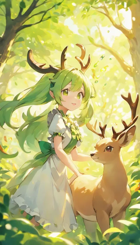 High-quality graphics,tmasterpiece,Bokeh,Green-haired beauty,Yellow vertical pupils,deer antlers,Maid decoration,Soft lighting,stooped,Playful,Sharp focus,Ultra-detailed,Portrait,landscape,Vivid colors,Soft lighting