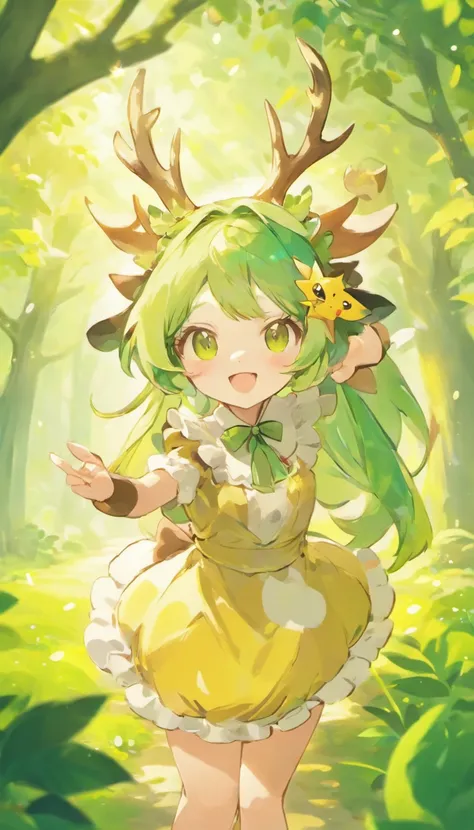 High-quality graphics,tmasterpiece,Bokeh,Green-haired beauty,Yellow vertical pupils,deer antlers,Maid decoration,Soft lighting,stooped,Playful,Sharp focus,Ultra-detailed,Portrait,landscape,Vivid colors,Soft lighting