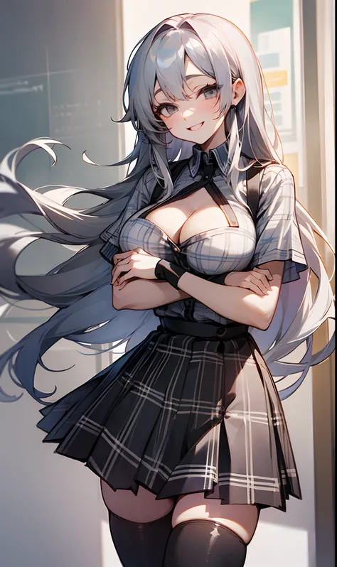 An 18-year-old woman、Silver Straight Long Hair、Gray eyes、Twin-tailed、Colossal tits、cleavage of the breast、White short-sleeved blouse shirt、High waist plaid skirt、Black tights、a smile、Laugh