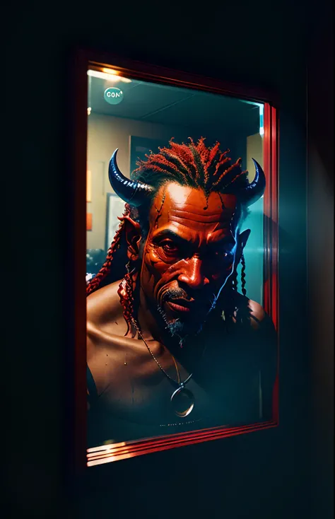 Style-Glass, award winning photo, masterpiece, highest quality, solo focus, (red skin:1.3), wandering demon, netherworld, (demon:1.3) breaking through a mirror, evil grin, by lee jeffries nikon d850 film stock photograph 4 kodak portra 400 camera f1.6 lens...