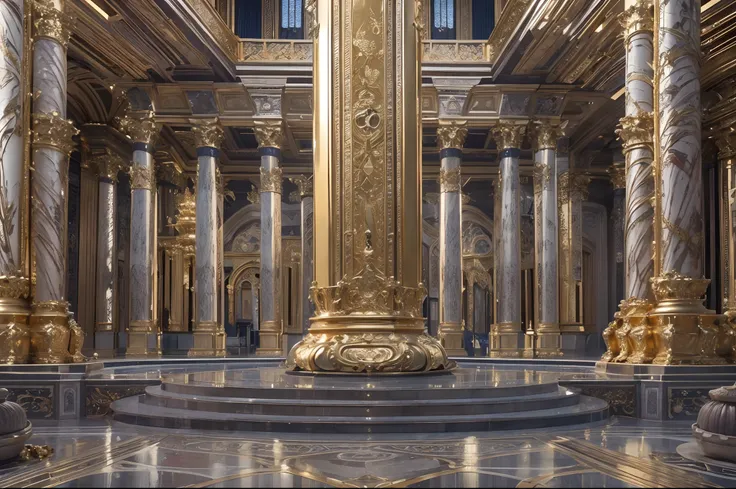 giant palace foundation and column made from gold and silver, cinematic,  ((masterpiece)), ((best quality)), 8k, high detailed, ultra-detailed, cinematic, inside a gold palace, UHD, ultra high res, Photorealistic,