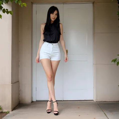 Describe a very beautiful girl named Helen with black hair, slender legs, and wearing high heels.