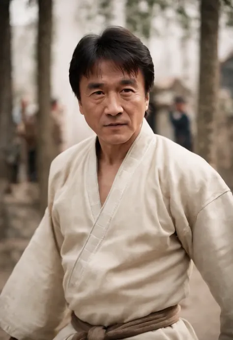 Jackie Chan is 20 years old，Qi bangs，Republic of China Tang costumes，Drunken boxing in the streets in Chinese style，film noise，Funny expressions，dark stormy clouds