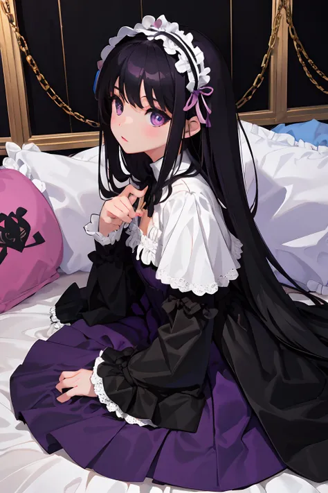 child，（​masterpiece，Highest Quality），Black Lolita Clothes，A dark-haired，Purple Wall