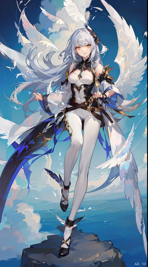 Tall guy, Long silver hair, Orange Eyes, white tight top, Blue Pants, Gold Elements, feathers, one wing, anger, 4k, HD, Good detail