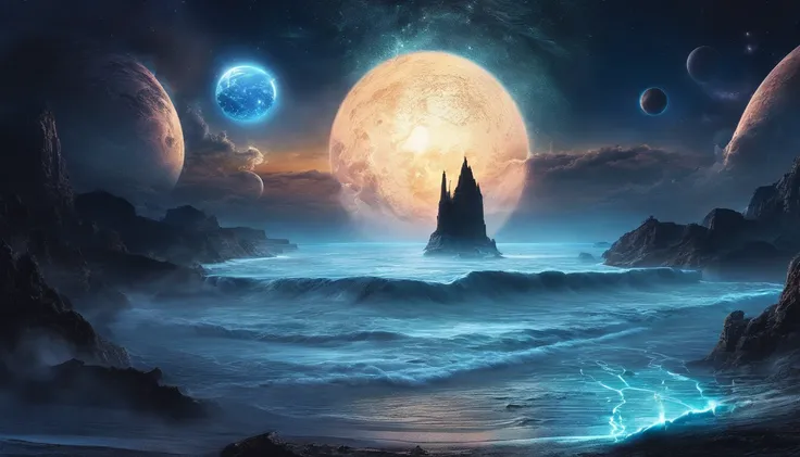 huge planet, the night, starrysky, surrealism, masutepiece, hight resolution、Impressive Milky Way:1.9、sand beach、Vast blue ocean、Blue Waves、Blue glacier、lightning bolt:1.9、Protoplanets、pure beauty