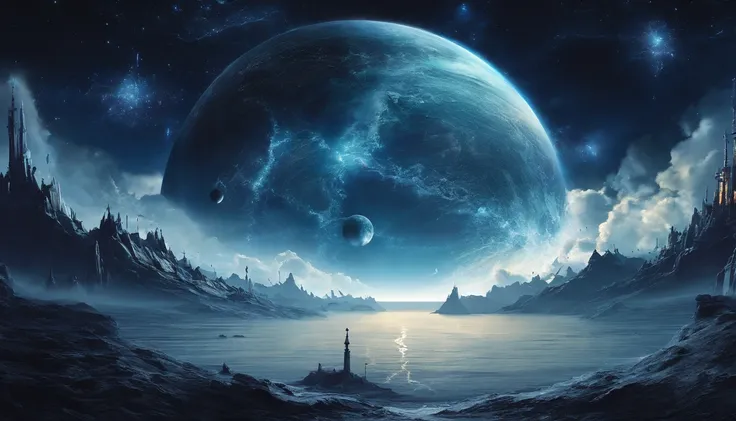 huge planet, the night, starrysky, surrealism, masutepiece, hight resolution、Impressive Milky Way:1.9、sand beach、Vast blue ocean、Blue Waves、Blue glacier、lightning bolt:1.9、Protoplanets、pure beauty